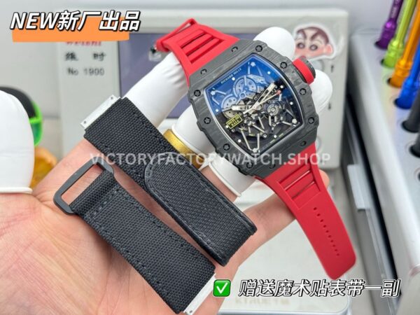New Factory Richard Mille RM 35-02 44.5mm Black Carbon Fiber Red Rubber Strap Black Skeletonized Dial