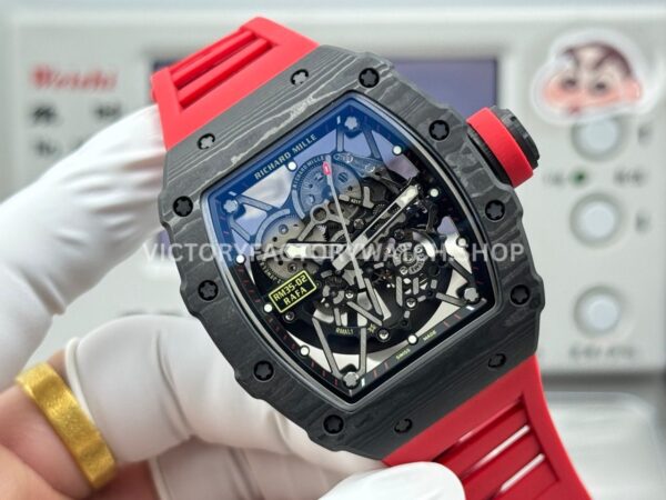 New Factory Richard Mille RM 35-02 44.5mm Black Carbon Fiber Red Rubber Strap Black Skeletonized Dial