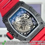 New Factory Richard Mille RM 35-02 44.5mm Black Carbon Fiber Red Rubber Strap Black Skeletonized Dial