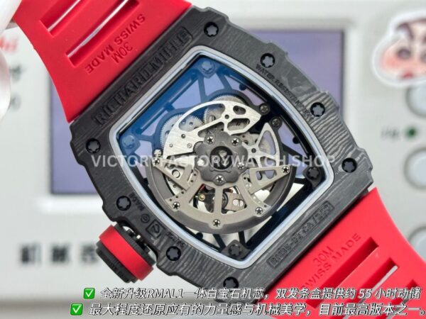 New Factory Richard Mille RM 35-02 44.5mm Black Carbon Fiber Red Rubber Strap Black Skeletonized Dial