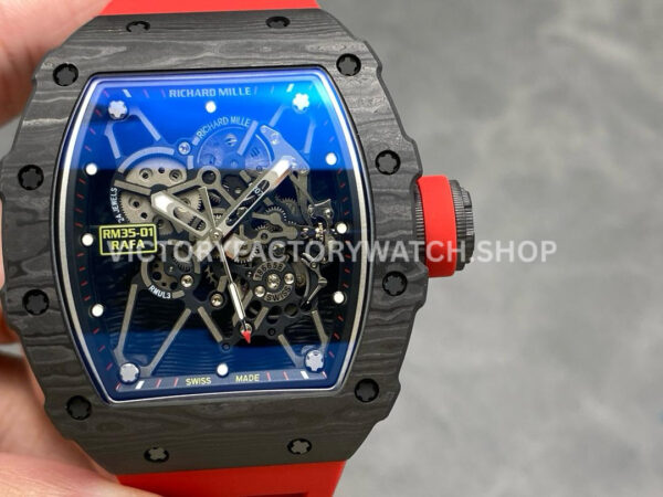 New Factory Richard Mille RM35-01 Rafael Nadal 42.7mm Black Carbon Fiber Red Rubber Strap Skeletoniz ( (5) New Factory RM35-01 Rafael Nadal black carbon fiber red rubber strap skeleton dial