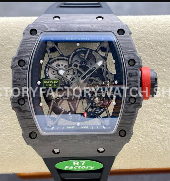 R7 Factory Richard Mille RM35-02 44.5mm Carbon Fiber Black Rubber Strap Skeletonized Dial (6) R7 Factory Richard Mille RM 35-02 black carbon fiber black rubber strap skeletonized dial