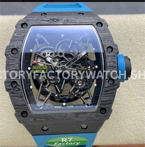 R7 Factory Richard Mille RM35-02 44.5mm Carbon Fiber Blue Rubber Strap Skeletonized Dial (6) R7 Factory Richard Mille RM 35-02 carbon fiber blue rubber strap skeletonized dial
