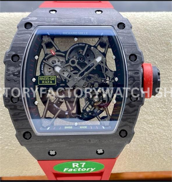 R7 Factory Richard Mille RM35-02 44.5mm Carbon Fiber Red Rubber Strap Skeletonized Dial (5) R7 Factory Richard Mille RM 35-02 carbon fiber red rubber strap skeletonized dial