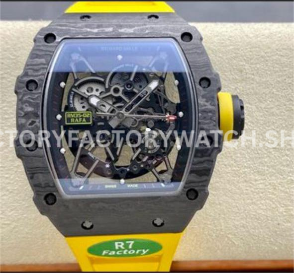 R7 Factory Richard Mille RM35-02 44.5mm Carbon Fiber Yellow Rubber Strap Skeletonized Dial (5) R7 Factory Richard Mille RM 35-02 carbon fiber yellow rubber strap skeletonized dial