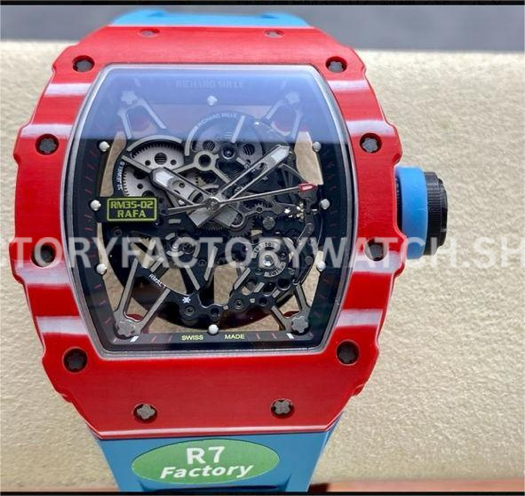R7 Factory Richard Mille RM35-02 44.5mm Red Carbon Fiber Blue Rubber Strap Skeletonized Dial (1) R7 Factory Richard Mille RM 35-02 red carbon fiber blue rubber strap skeletonized dial