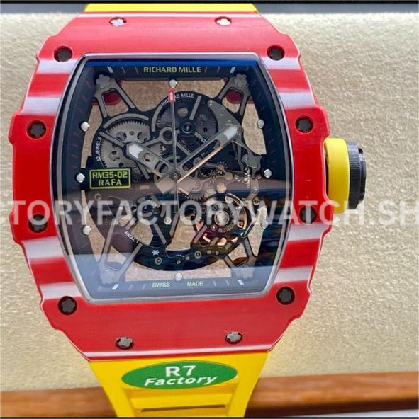 R7 Factory Richard Mille RM35-02 44.5mm Red Carbon Fiber Yellow Rubber Strap Skeletonized Dial (7) R7 Factory Richard Mille RM 35-02 red carbon fiber yellow rubber strap skeletonized dial