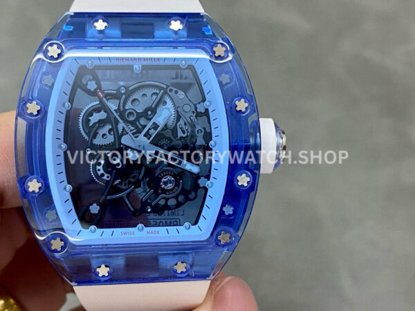 RM Factory Richard Mille RM 055 42.7mm blue synthetic crystal white rubber strap skeletonized white dial