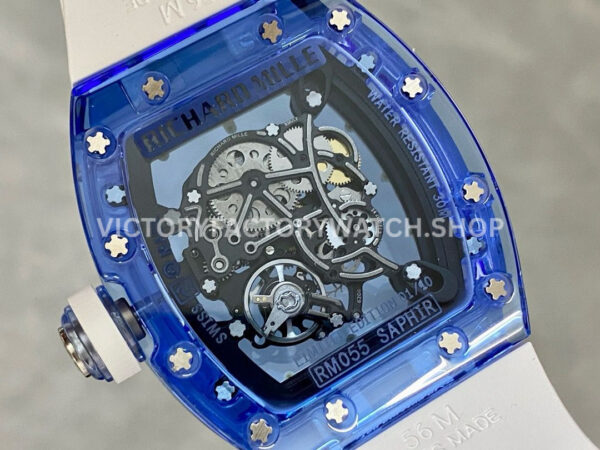 RM Factory Richard Mille RM 055 42.7mm Blue Synthetic Crystal White Rubber Strap Skeletonized White Dial