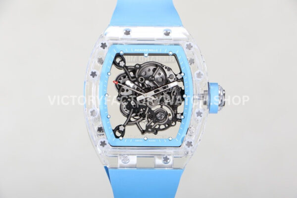 RM Factory Richard Mille RM 055 43mm Transparent Crystal Sky Blue Rubber Strap Skeletoniz (3) RM Factory Richard Mille RM 055 42.7mm synthetic crystal sky blue rubber strap skeletonized sky blue dial
