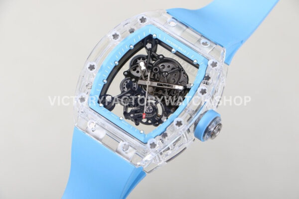 RM Factory Richard Mille RM 055 43mm Transparent Crystal Sky Blue Rubber Strap Skeletoniz RM Factory Richard Mille RM 055 42.7mm Synthetic Crystal Sky Blue Rubber Strap Skeletonized Sky Blue Dial