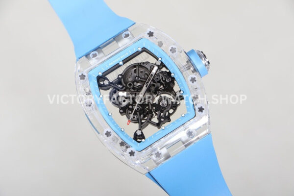RM Factory Richard Mille RM 055 43mm Transparent Crystal Sky Blue Rubber Strap Skeletoniz (7) RM Factory Richard Mille RM 055 42.7mm Synthetic Crystal Sky Blue Rubber Strap Skeletonized Sky Blue Dial