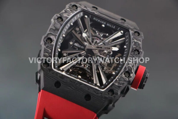 RM Factory Richard Mille RM 12-01 39mm Black Carbon Fiber Red Rubber Strap Skeletonized Black Dial