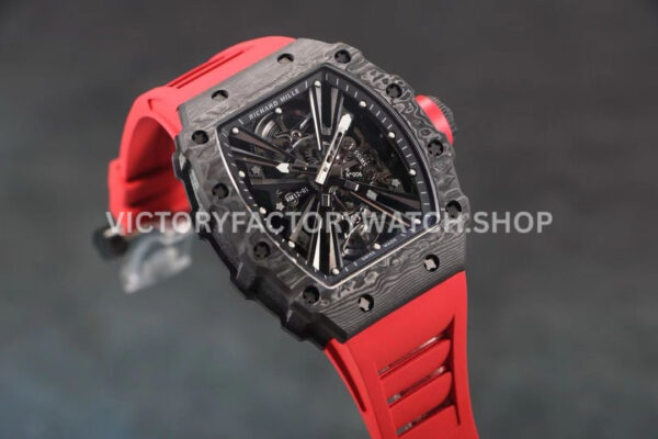 RM Factory Richard Mille RM 12-01 39mm Black Carbon Fiber Red Rubber Strap Skeletonized Black Dial