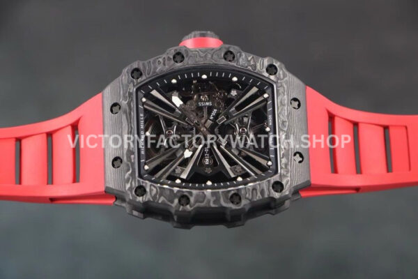 RM Factory Richard Mille RM 12-01 39mm Black Carbon Fiber Red Rubber Strap Skeletonized Black Dial