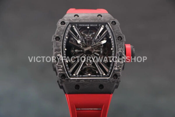 RM Factory Richard Mille RM 12-01 black carbon fiber red rubber strap black skeletonized dial
