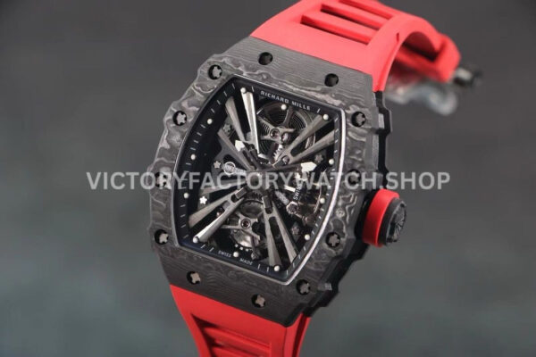 RM Factory Richard Mille RM 12-01 39mm Black Carbon Fiber Red Rubber Strap Skeletonized Black Dial
