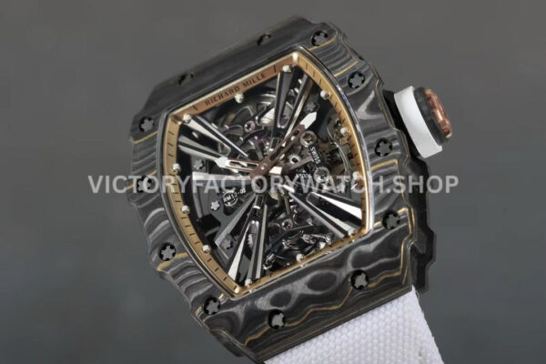RM Factory Richard Mille RM 12-01 39mm Black Carbon Fiber White Canvas Strap Skeletonized Ros (3) RM Factory Richard Mille RM 12-01 39mm Black Carbon Fiber White Canvas Strap Skeletonized Rose Gold Dial