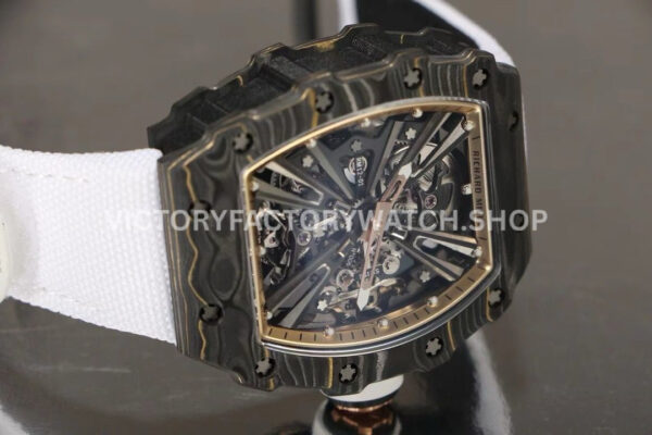 RM Factory Richard Mille RM 12-01 39mm Black Carbon Fiber White Canvas Strap Skeletonized Ros (4) RM Factory Richard Mille RM 12-01 39mm Black Carbon Fiber White Canvas Strap Skeletonized Rose Gold Dial