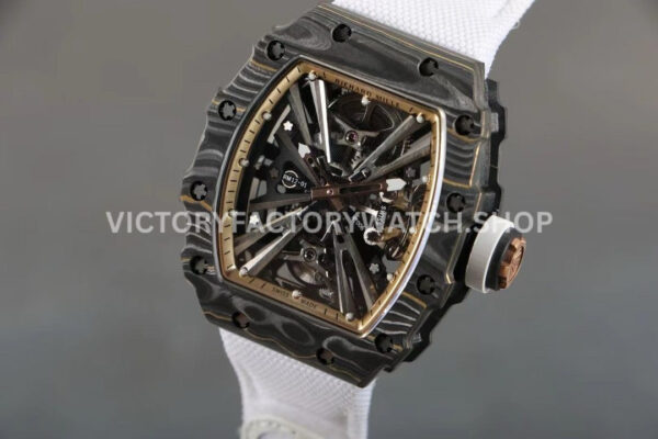RM Factory Richard Mille RM 12-01 39mm Black Carbon Fiber White Canvas Strap Skeletonized Ros (5) RM Factory Richard Mille RM 12-01 black carbon fiber white canvas strap rose gold skeletonized dial