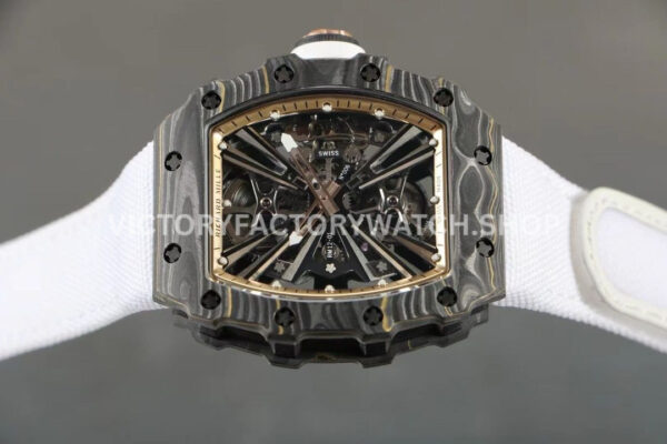 RM Factory Richard Mille RM 12-01 39mm Black Carbon Fiber White Canvas Strap Skeletonized Ros (7) RM Factory Richard Mille RM 12-01 39mm Black Carbon Fiber White Canvas Strap Skeletonized Rose Gold Dial