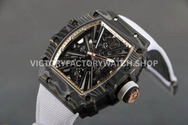 RM Factory Richard Mille RM 12-01 39mm Black Carbon Fiber White Canvas Strap Skeletonized Ros (9) RM Factory Richard Mille RM 12-01 39mm Black Carbon Fiber White Canvas Strap Skeletonized Rose Gold Dial