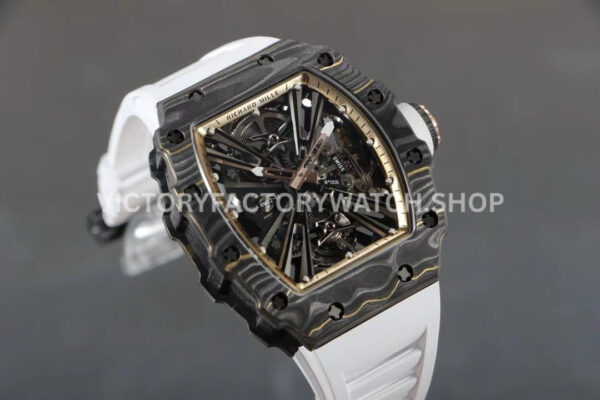 RM Factory Richard Mille RM 12-01 39mm Black Carbon Fiber White Rubber Strap Skeletonized Ros (5) RM Factory Richard Mille RM 12-01 39mm Black Carbon Fiber White Rubber Strap Skeletonized Rose Gold Dial