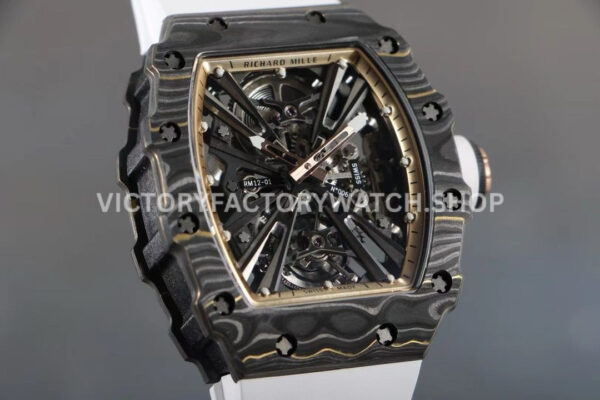 RM Factory Richard Mille RM 12-01 39mm Black Carbon Fiber White Rubber Strap Skeletonized Ros (6) RM Factory Richard Mille RM 12-01 39mm Black Carbon Fiber White Rubber Strap Skeletonized Rose Gold Dial