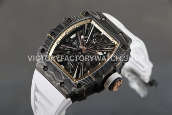 RM Factory Richard Mille RM 12-01 39mm Black Carbon Fiber White Rubber Strap Skeletonized Ros (9) RM Factory Richard Mille RM 12-01 black carbon fiber white rubber strap rose gold skeletonized dial