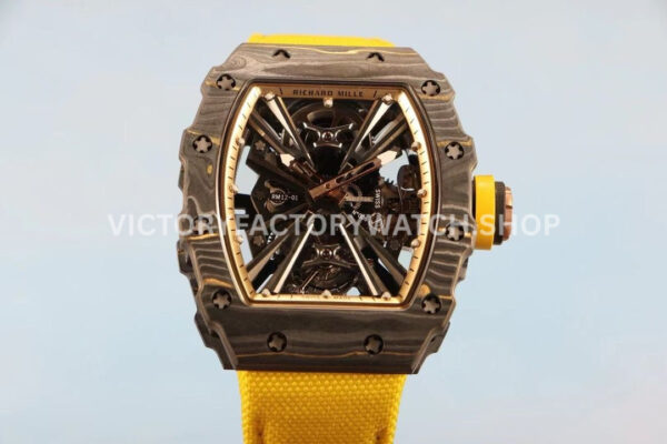 RM Factory Richard Mille RM 12-01 39mm Carbon Fiber Yellow Canvas Strap Skeletonized Rose Go (3) RM Factory Richard Mille RM 12-01 carbon fiber yellow canvas strap rose gold skeletonized dial
