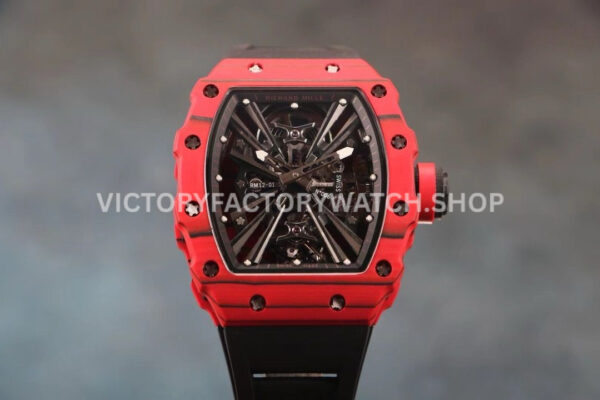 RM Factory Richard Mille RM 12-01 red carbon fiber black rubber strap black skeletonized dial