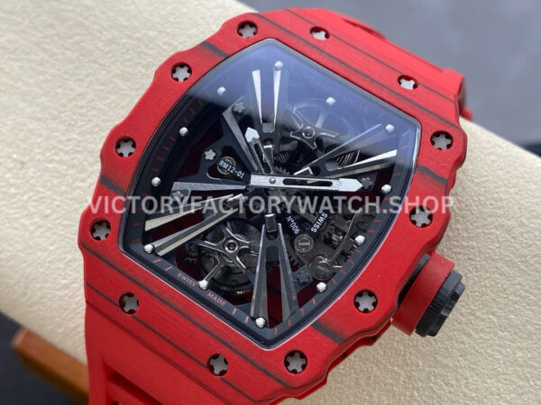 RM Factory Richard Mille RM 12-01 39mm Red Carbon Fiber Red Rubber Strap Skeletonized Black Dial