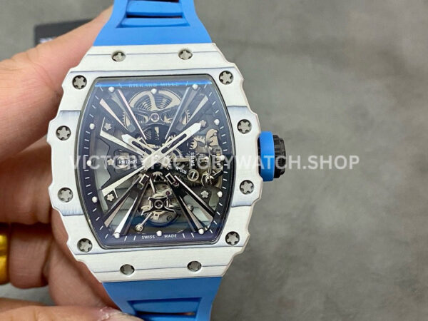 RM Factory Richard Mille RM 12-01 39mm White Carbon Fiber Light Blue Rubber Strap Skeletonized B ( RM Factory Richard Mille RM 12-01 white carbon fiber light blue rubber strap black skeletonized dial