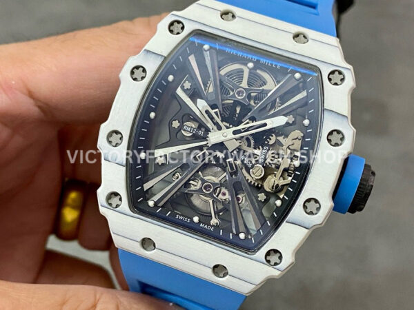 RM Factory Richard Mille RM 12-01 39mm White Carbon Fiber Light Blue Rubber Strap Skeletonized B ( (8) RM Factory Richard Mille RM 12-01 39mm White Carbon Fiber Light Blue Rubber Strap Skeletonized Black Dial