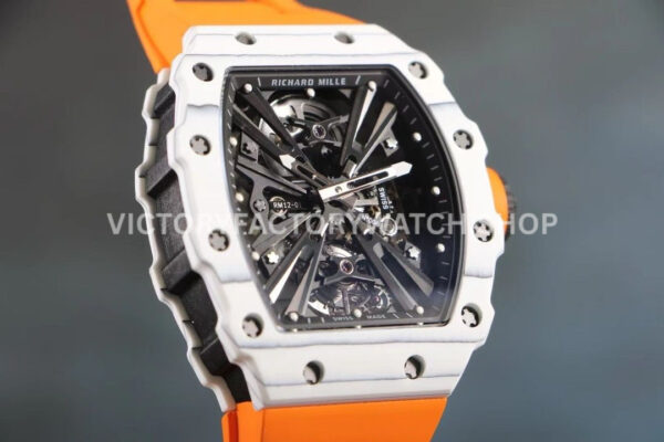 RM Factory Richard Mille RM 12-01 39mm White Carbon Fiber Orange Rubber Strap Skeletonized Black Dial
