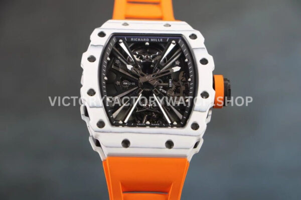 RM Factory Richard Mille RM 12-01 39mm White Carbon Fiber Orange Rubber Strap Skeletonized Black Dial