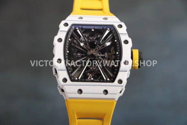 RM Factory Richard Mille RM 12-01 39mm White Carbon Fiber Yellow Rubber Strap Skeletonized Black (4) RM Factory Richard Mille RM 12-01 39mm White Carbon Fiber Yellow Rubber Strap Skeletonized Black Dial