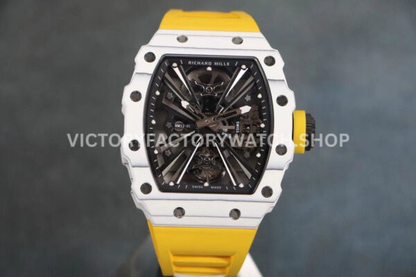RM Factory Richard Mille RM 12-01 39mm White Carbon Fiber Yellow Rubber Strap Skeletonized Black (8) RM Factory Richard Mille RM 12-01 white carbon fiber yellow rubber strap black skeletonized dial