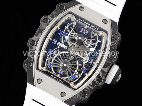 RM Factory Richard Mille RM 21-01 43mm Titanium Carbon Fiber White Rubber Strap Arabic numerals Skeletonized White Dial