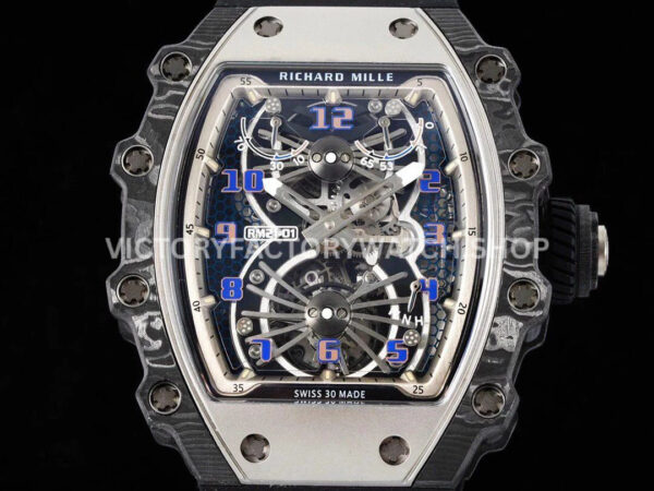 RM Factory Richard Mille RM 21-01 43mm Titanium Carbon Fiber White Rubber Strap Arabic numerals Skeletonized White Dial
