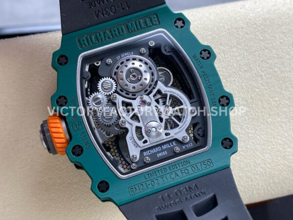 RM Factory Richard Mille RM 21-02 Tourbillon 43mm Carbon Fiber Rubber Strap (6) RM Factory Richard Mille RM 21-02 Tourbillon 43mm Carbon Fiber Rubber Strap Arabic numerals Skeletonized Black Dial