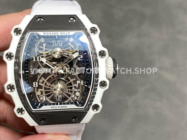 RM Factory Richard Mille RM 21-02 Tourbillon 43mm white ceramics canvas strap Arabic numerals skeletonized black dial