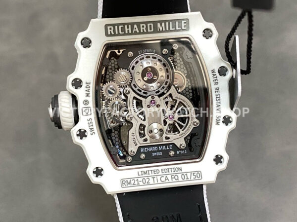 RM Factory Richard Mille RM 21-02 Tourbillon 43mm White Ceramics Canvas Strap Arabic numerals Skeletonized Black Dial