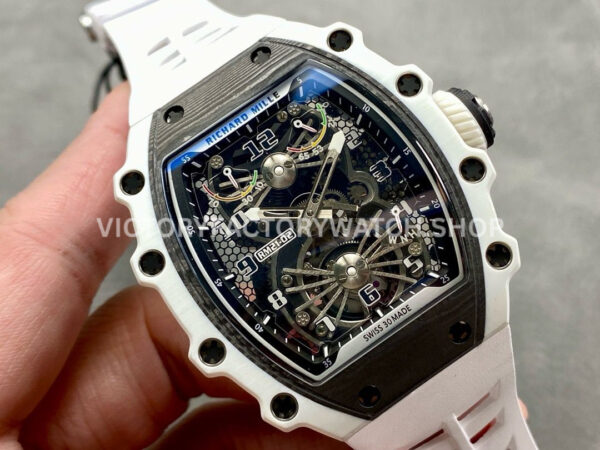 RM Factory Richard Mille RM 21-02 Tourbillon 43mm White Ceramics Whi (7) RM Factory Richard Mille RM 21-02 Tourbillon 43mm White Ceramics White Rubber Strap Arabic numerals Skeletonized Black Dial