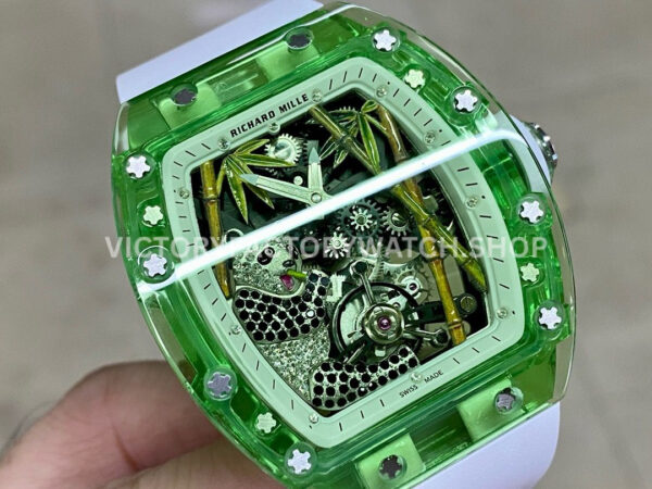 RM Factory Richard Mille RM 26-01 44mm Green Synthetic Crystal White Rubber Strap Panda Skeletonized White Dial