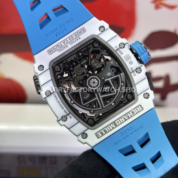 RM Factory Richard Mille RM 35-03 43mm White Carbon Fiber Light Blue Rubber Strap Black ( (10) RM Factory Richard Mille RM 35-03 43mm White Carbon Fiber Light Blue Rubber Strap Black Skeletonized Dial