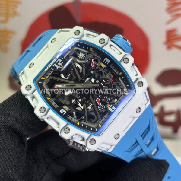 RM Factory Richard Mille RM 35-03 43mm White Carbon Fiber Light Blue Rubber Strap Black ( (4) RM Factory Richard Mille RM 35-03 43mm White Carbon Fiber Light Blue Rubber Strap Black Skeletonized Dial