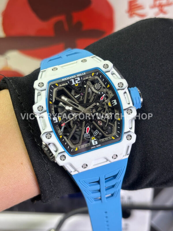 RM Factory Richard Mille RM 35-03 43mm White Carbon Fiber Light Blue Rubber Strap Black ( (7) RM Factory Richard Mille RM 35-03 43mm White Carbon Fiber Light Blue Rubber Strap Black Skeletonized Dial