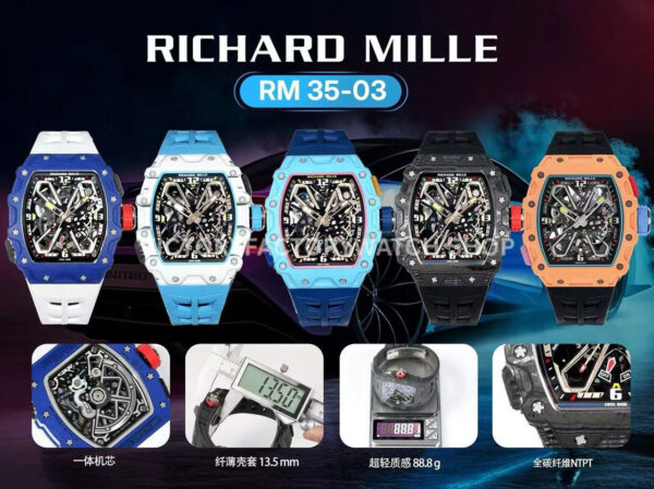 RM Factory Richard Mille RM 35-03 43mm White Carbon Fiber Light Blue Rubber Strap Black ( (8) RM Factory Richard Mille RM 35-03 43mm White Carbon Fiber Light Blue Rubber Strap Black Skeletonized Dial