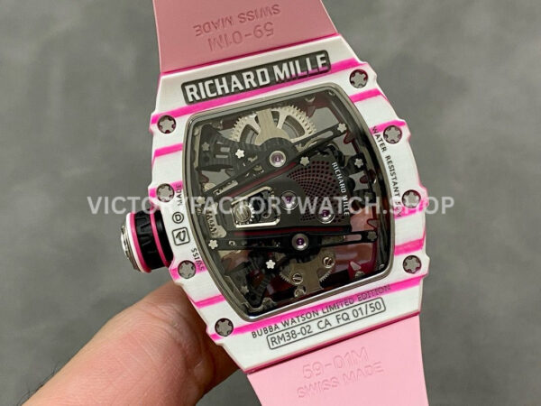 RM Factory Richard Mille RM 38-02 43.7mm White Carbon Fiber Pink Rubber Strap Skeletonized Dial (8) RM Factory Richard Mille RM 38-02 43.7mm White Carbon Fiber Pink Rubber Strap Skeletonized Dial